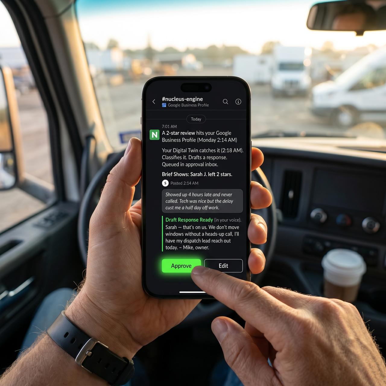 Owner tapping Approve on a 2-star review draft from his truck — Nucleus on iPhone